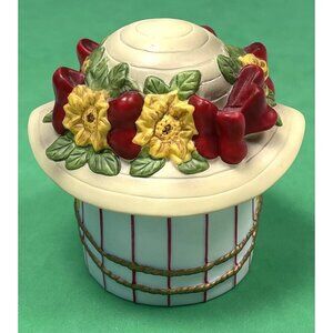 VTG Willow Hall Jane Asher 3.5" Straw Hat Ceramic TRINKET BOX Red Ribbons EUC